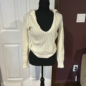 Motivi cream wool knitted v neck 90s like hooded fitted sweater S